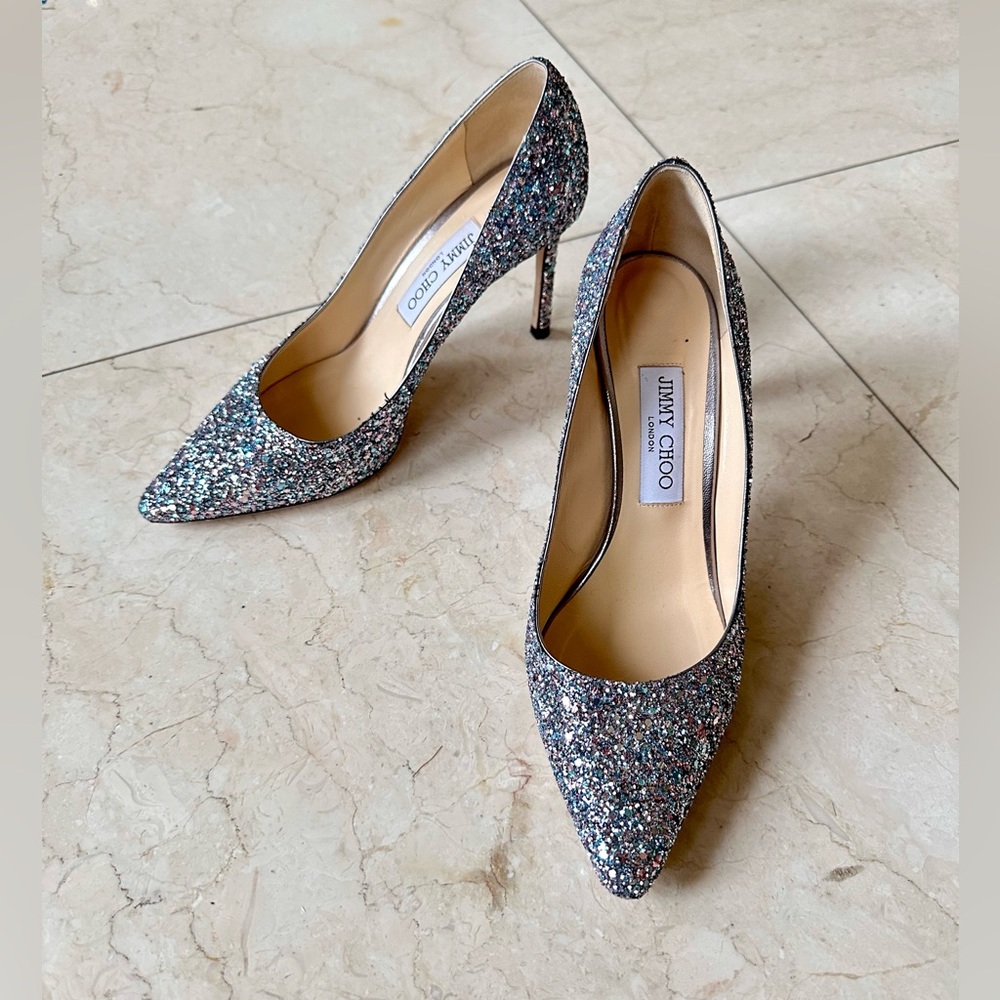 Jimmy Choo Blue Silver Glitter Love 100 Pumps Heels 38.5 Like NEW